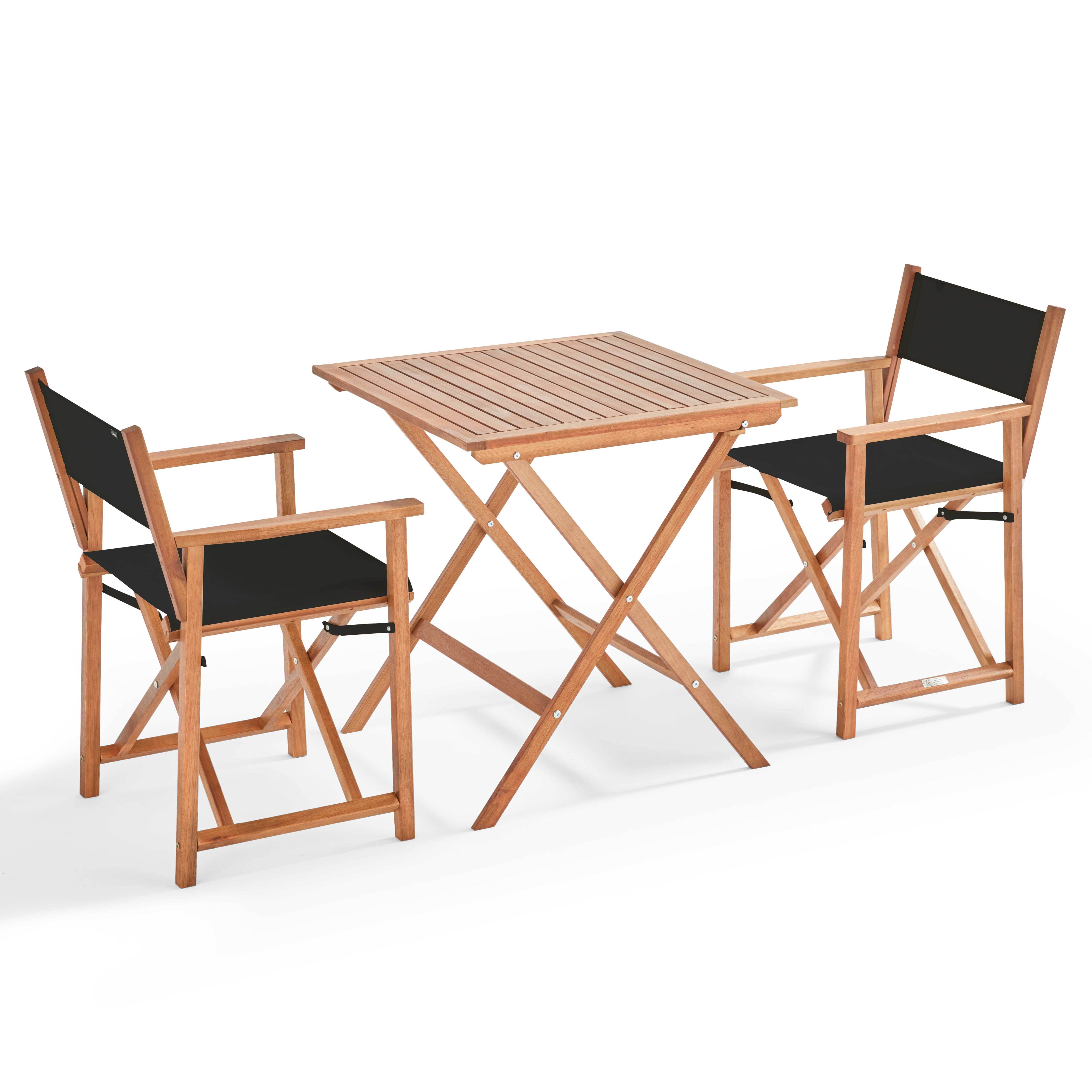 Table de terrasse carrée pliante en bois d'eucalyptus FSC 70x70 cm et 2 chaises avec accoudoirs pliantes en textilène