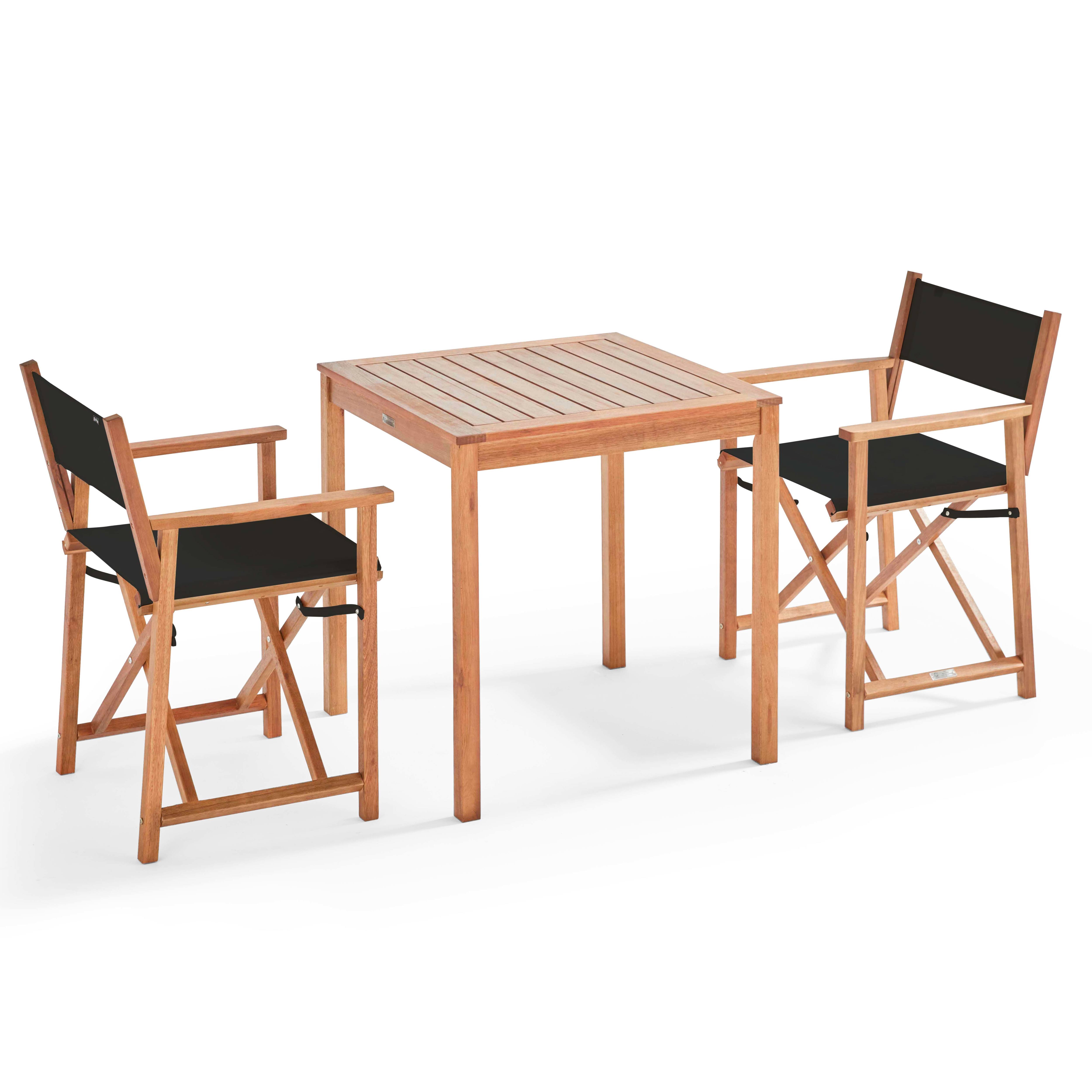Table de terrasse carrée en bois d'eucalyptus FSC 70x70 cm et 2 chaises avec accoudoirs pliantes en textilène