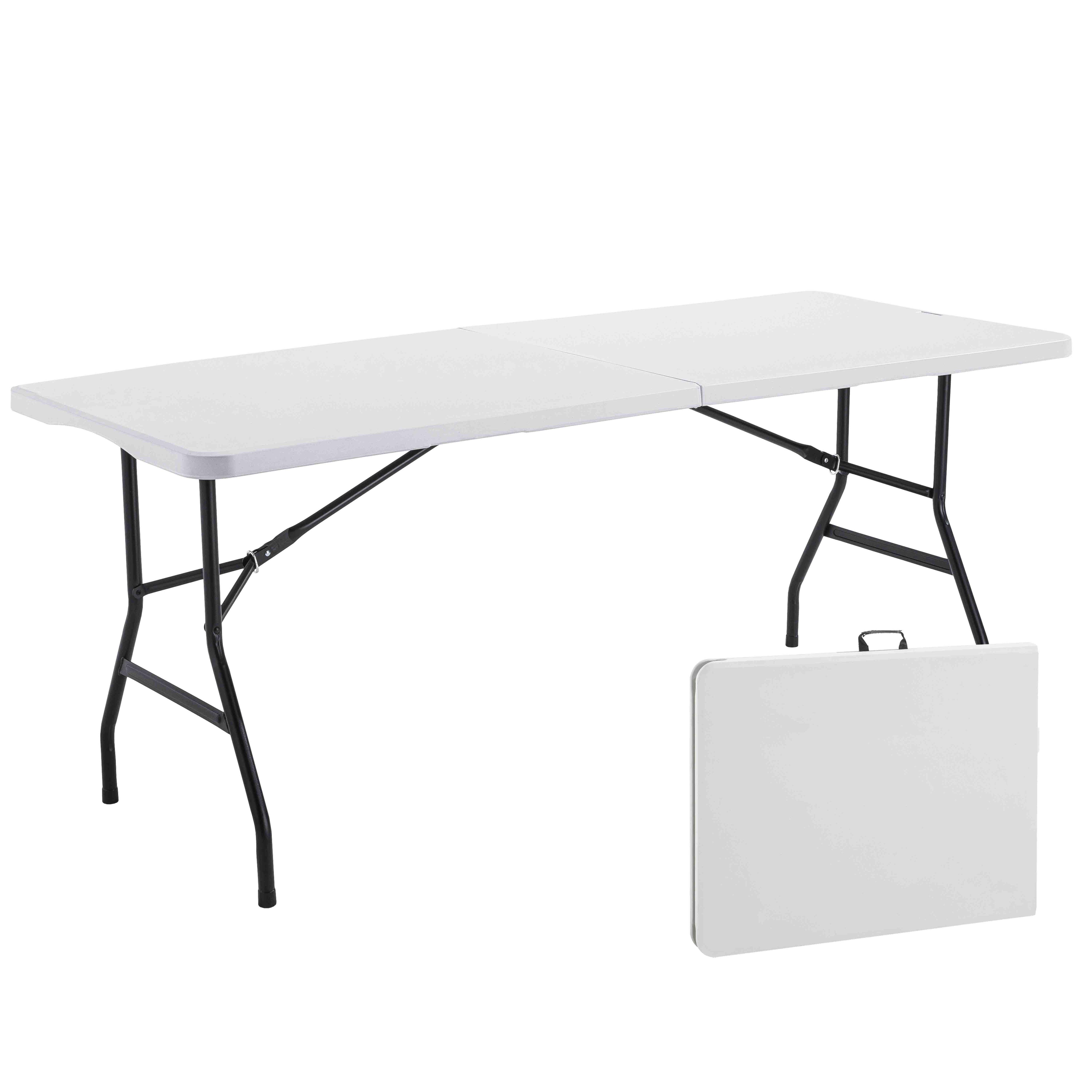 Table pliante 180x75cm en plastique PEHD 8 places format valise, qualité professionnelle, plastique blanc résistant et pieds en métal pliants