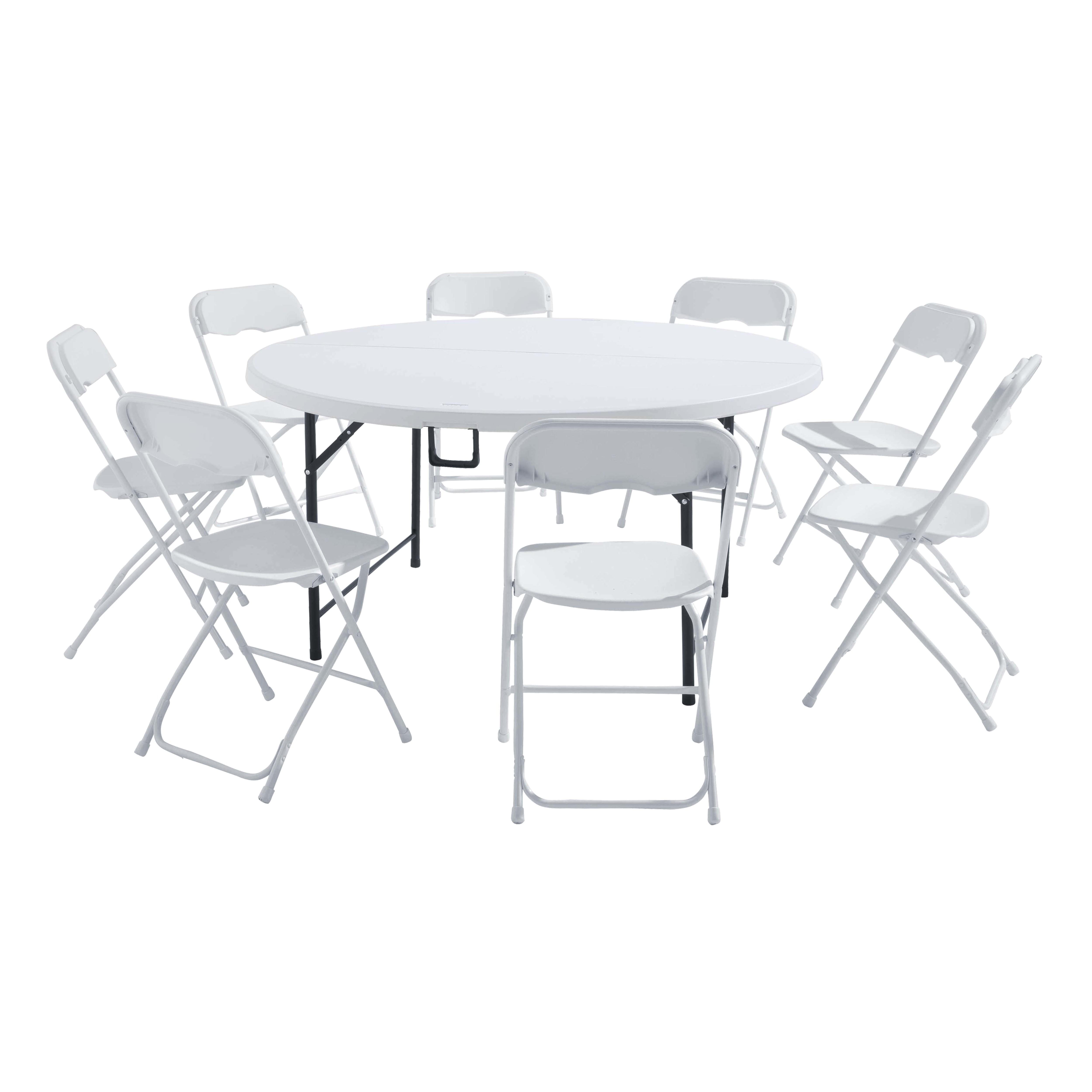 Table pliante ronde Ø150 cm en plastique PEHD 8 places format valise et 8 chaises pliantes