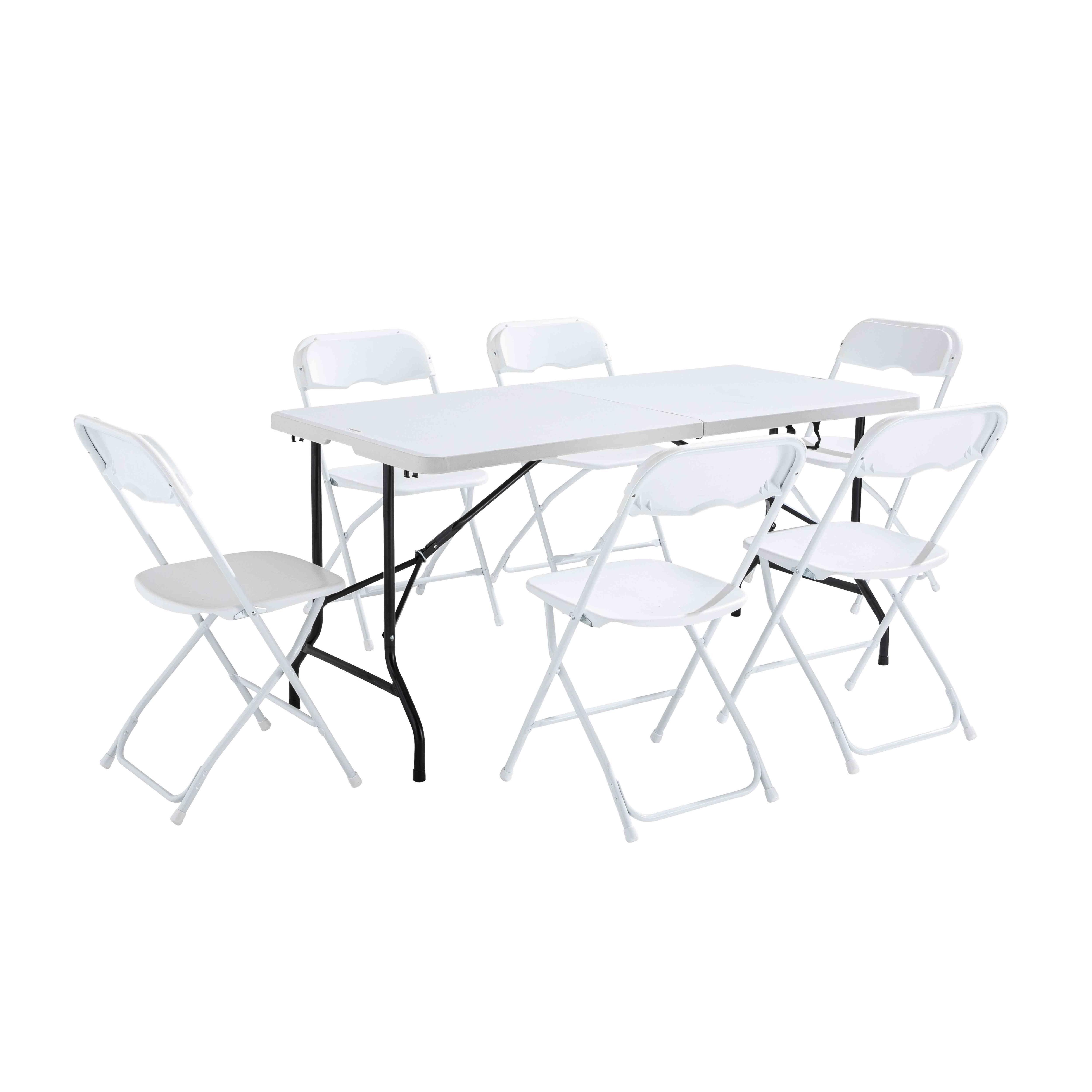 Table pliante 162x72 cm en plastique PEHD 6 places format valise et 6 chaises pliantes