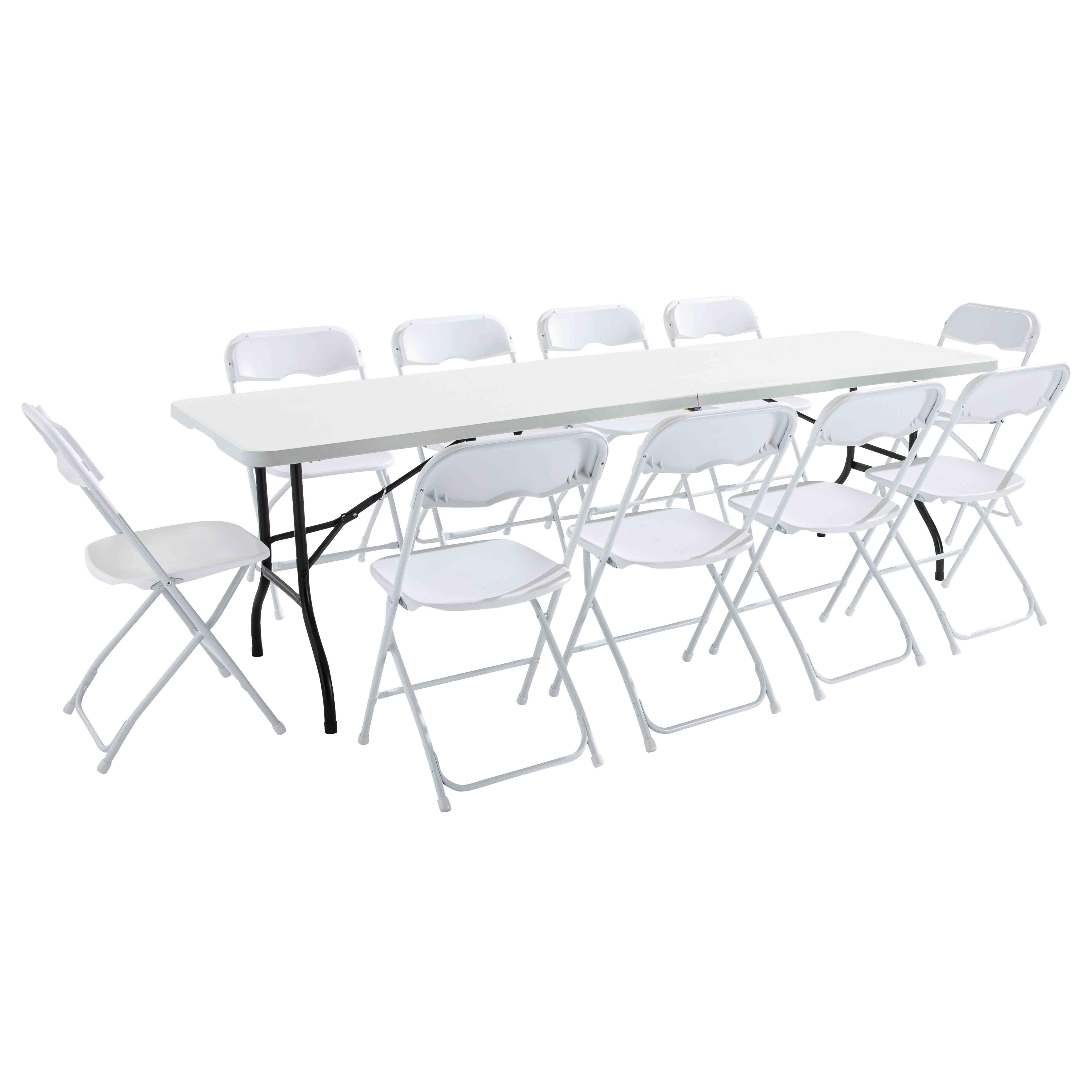 Table pliante 244x75 cm en plastique PEHD 10 places format valise et 10 chaises pliantes