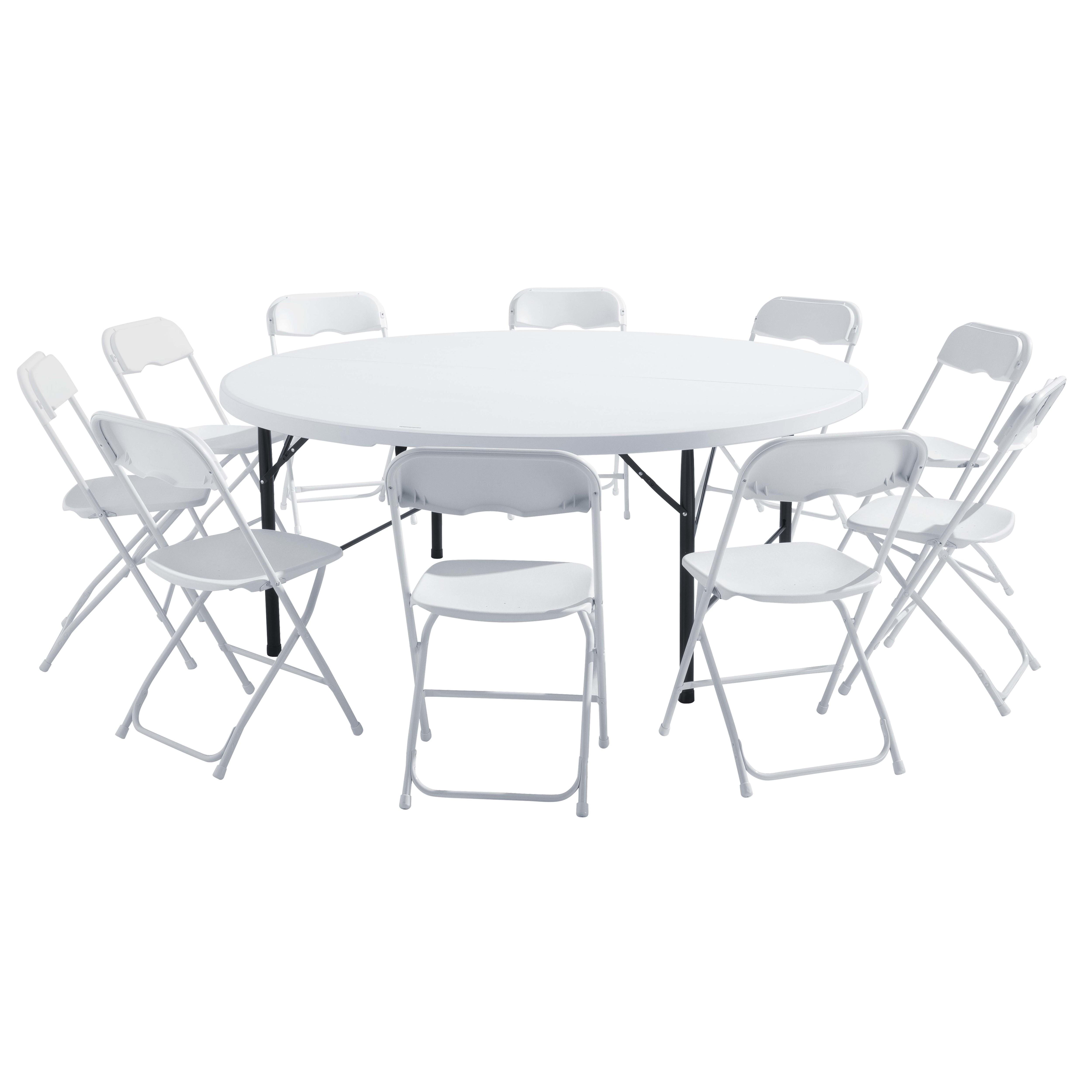 Table pliante ronde Ø180 cm en plastique PEHD 10 places format valise et 10 chaises pliantes