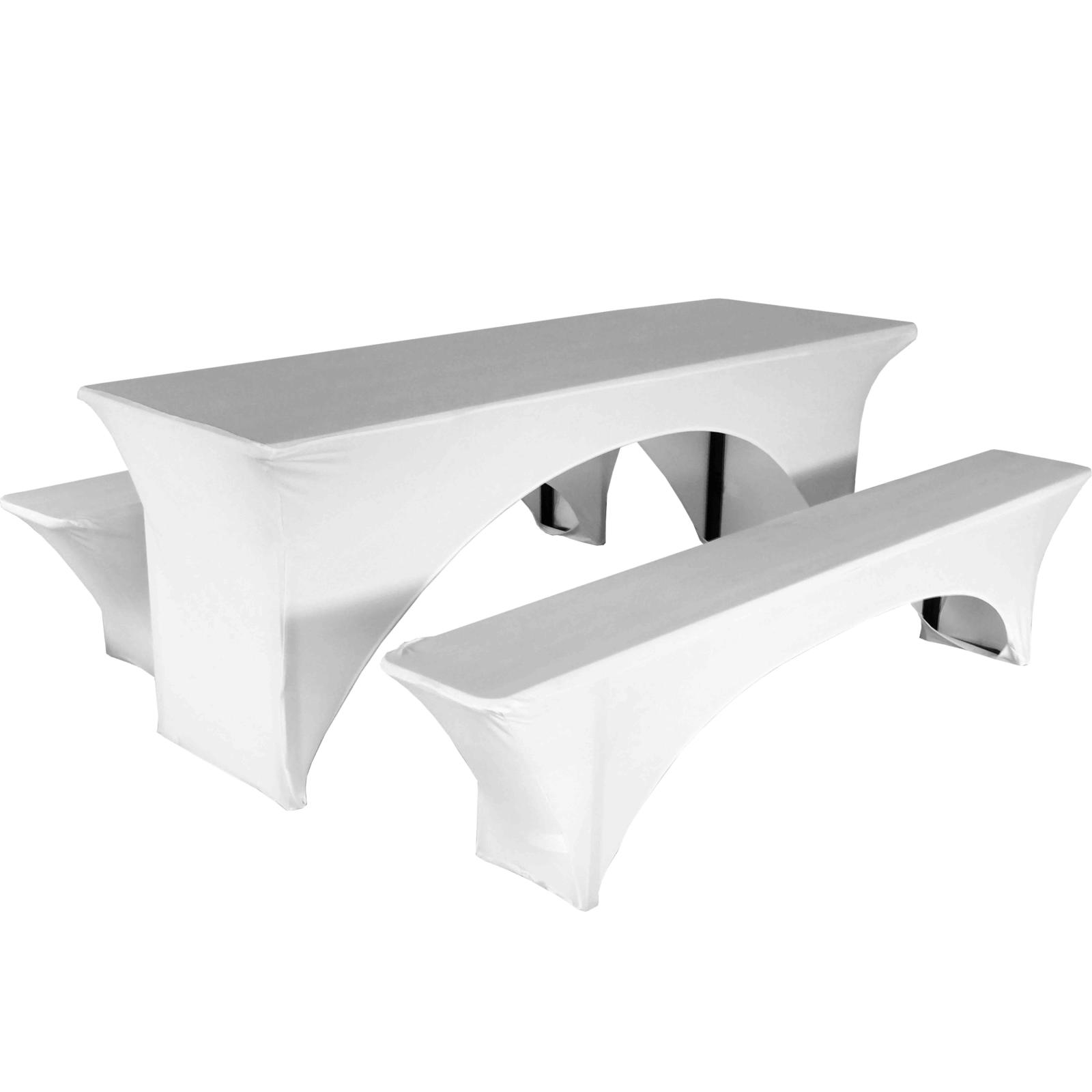 Nappe housse de table et bancs pliants en bois 8-10 places blanche