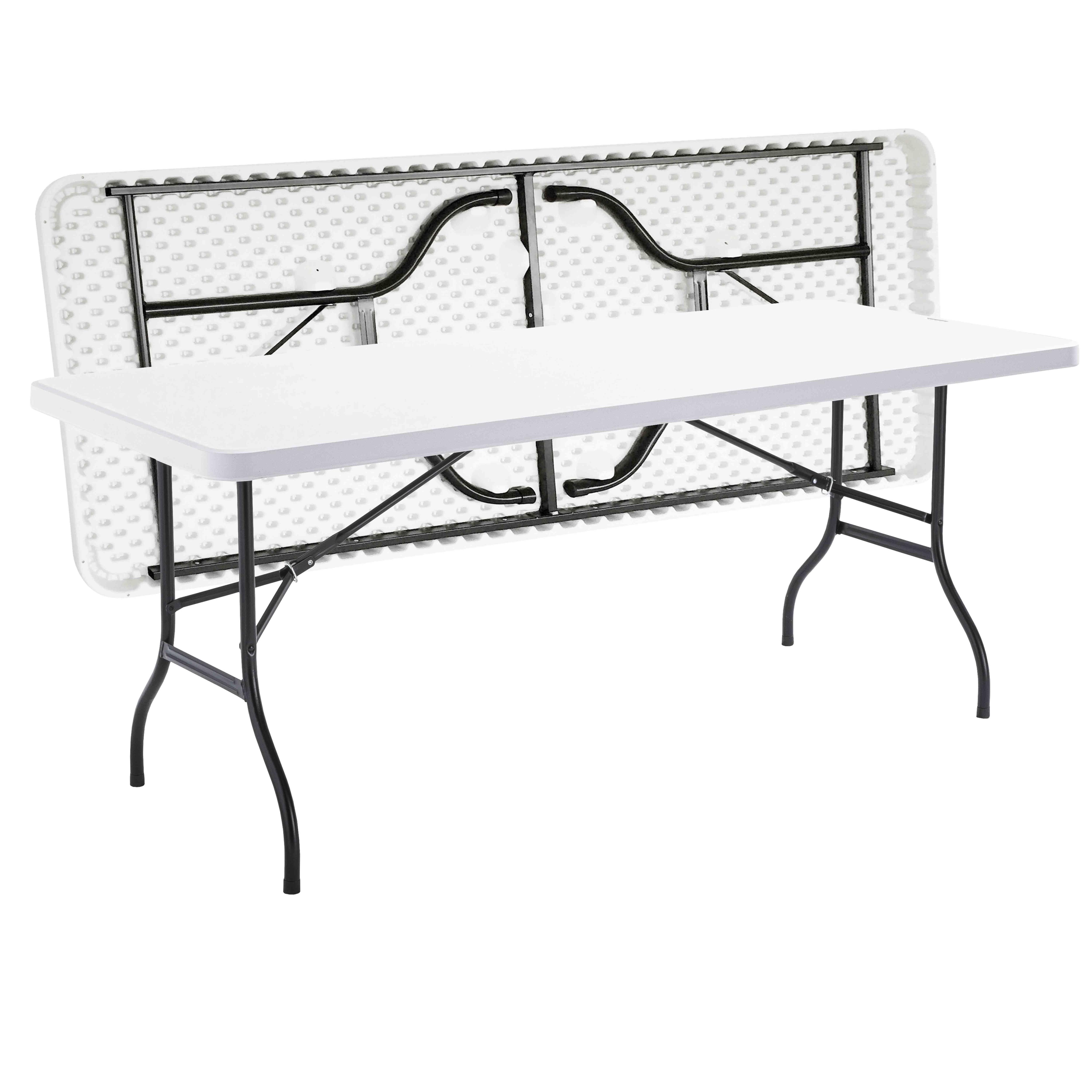 Table pliante 180x76 cm en plastique PEHD 8 places monobloc, qualité professionnelle, plastique blanc résistant et pieds en métal pliants