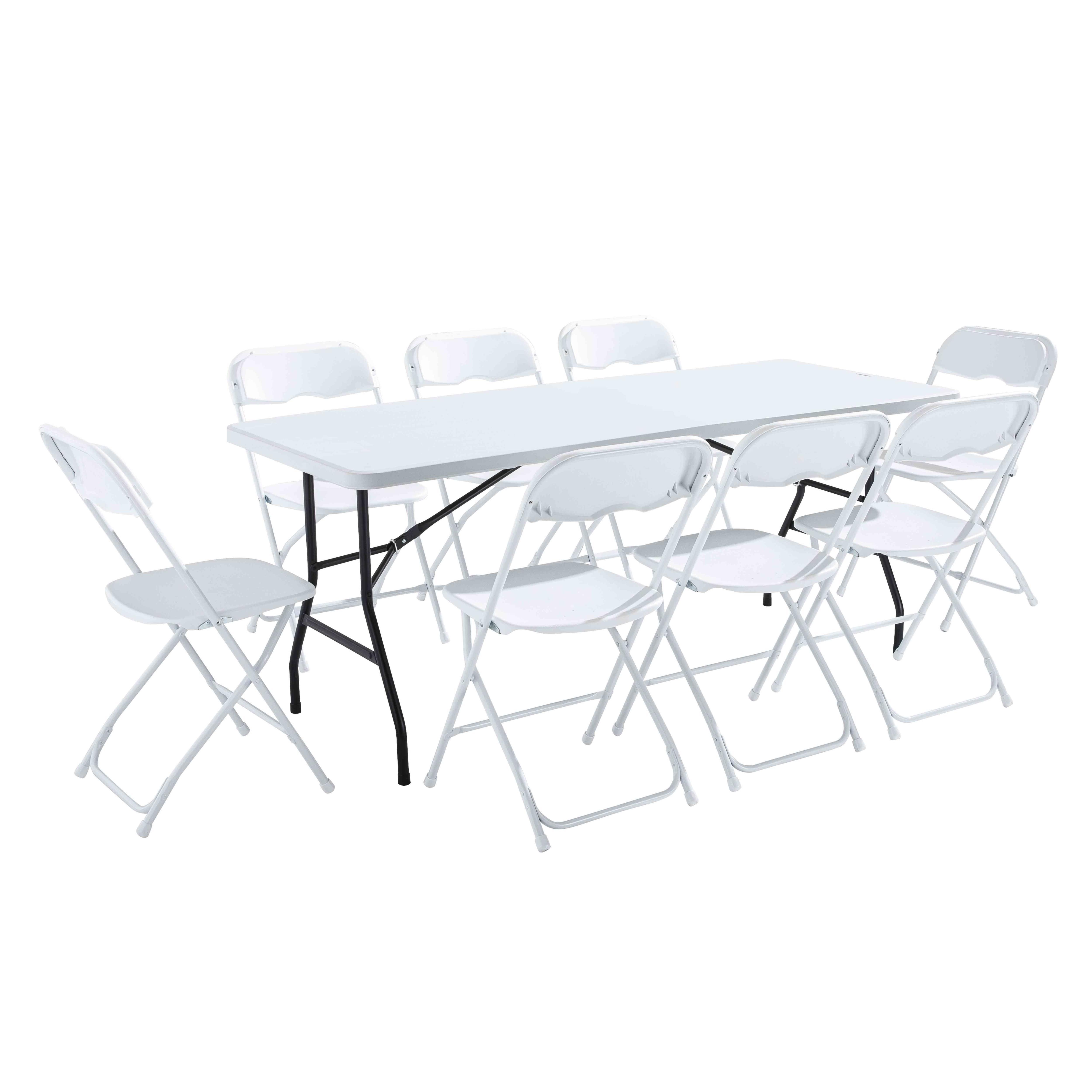 Table pliante 183x75 cm en plastique PEHD 8 places monobloc et 8 chaises pliantes