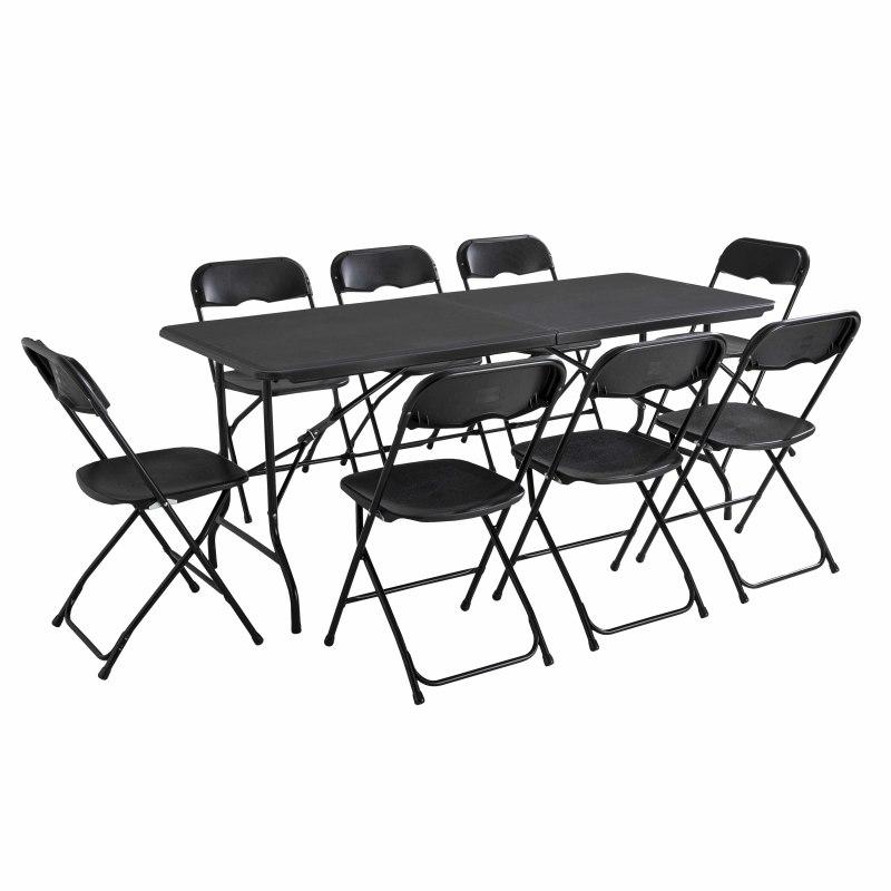 Table noire et chaises pliantes noires 8 places 180cm PEHD