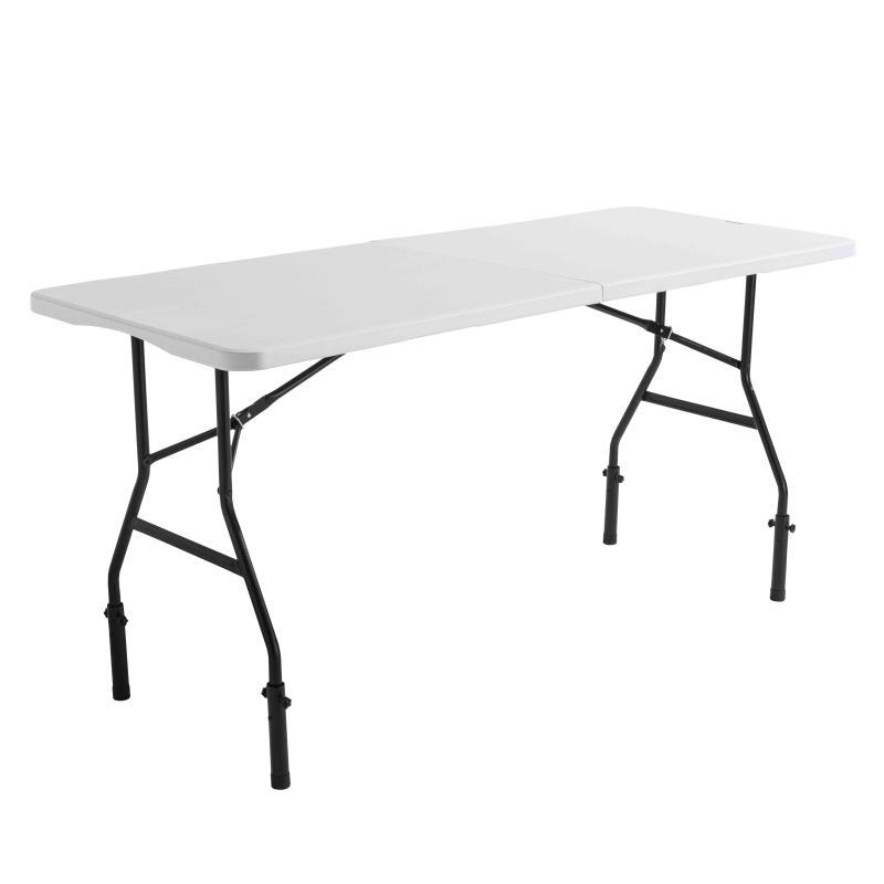 Table pliante 180 cm avec 4 rehausseurs et nappe blanche