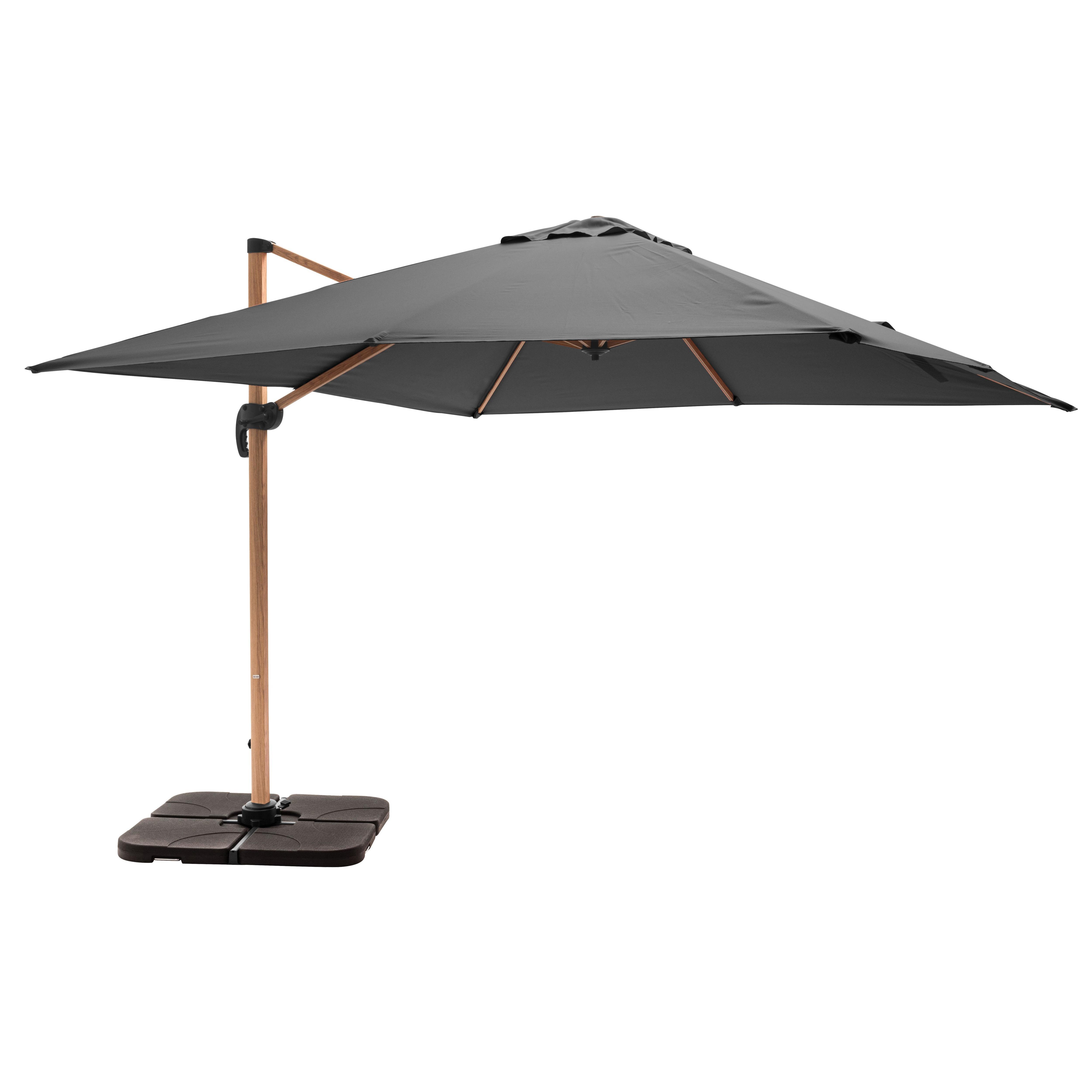 Parasol déporté professionnel 3x3 m carré inclinable 250g/m² inclinable rotatif 360° et 4 dalles à lester remplissables