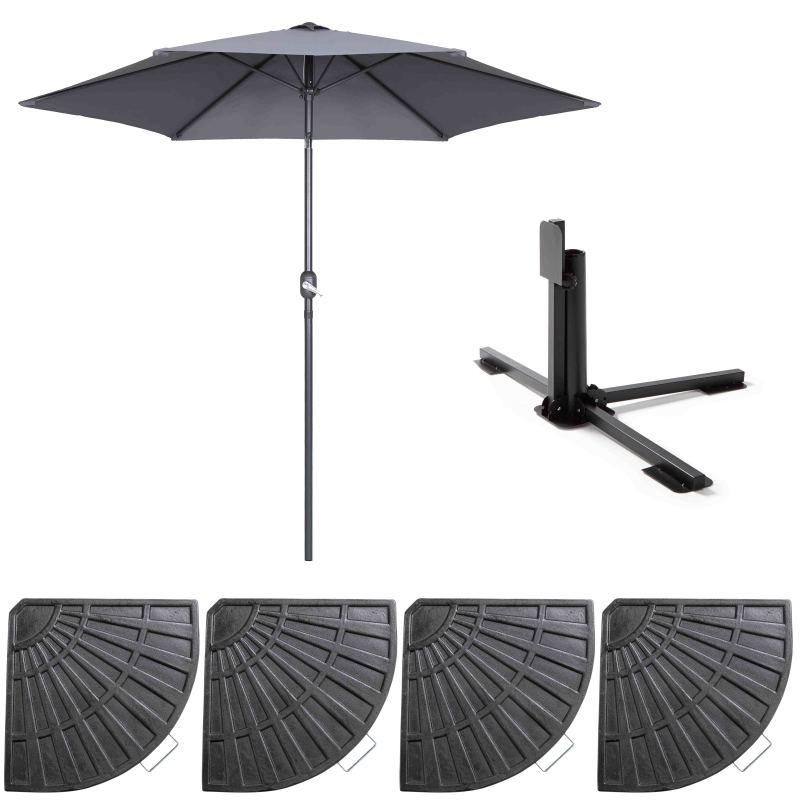 Ensemble parasol droit inclinable 180g/m² (Ø3m) avec pied pliant + 4 dalles lestées
