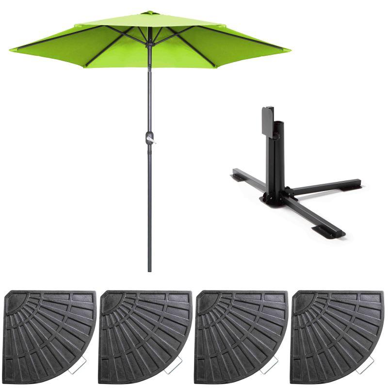 Ensemble parasol droit inclinable 180g/m² (Ø3m) avec pied pliant + 4 dalles lestées