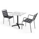 Ensemble table carrée inclinable effet marbre (70x70cm) en HPL + 2 fauteuils en métal