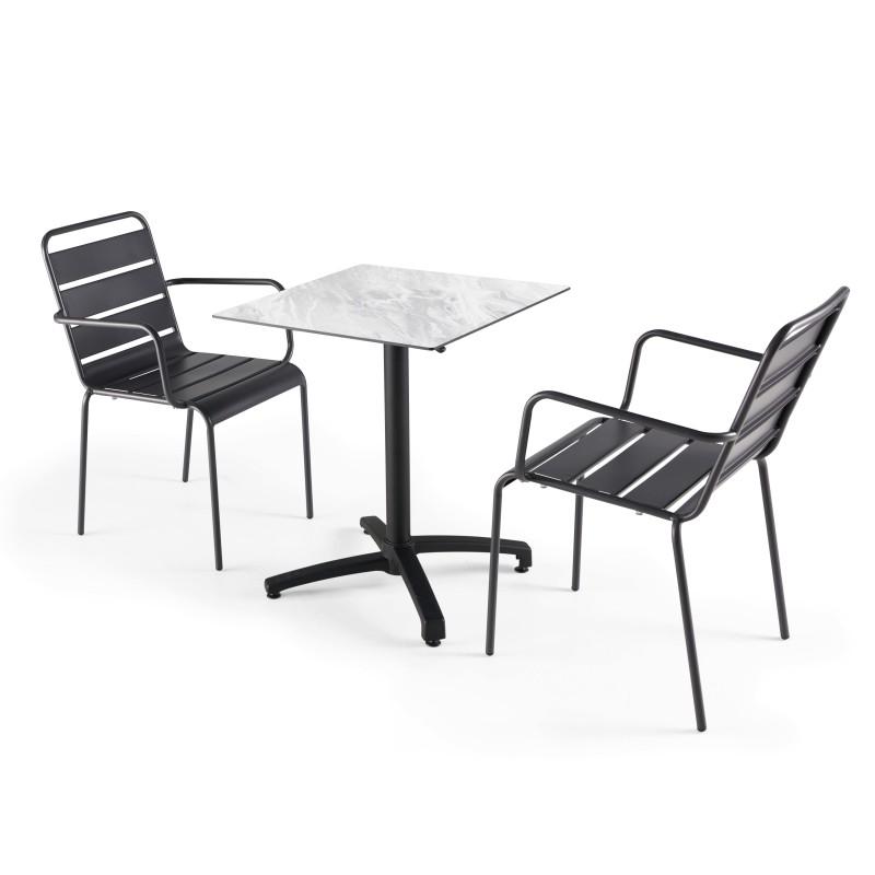 Ensemble de terrasse inclinable effet marbre (60x60cm) + 2 fauteuils en métal
