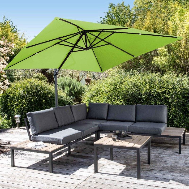 Ensemble parasol déporté carré 250g/m² (3 x 3m) rotatif 360° + 4 dalles à lester remplissables