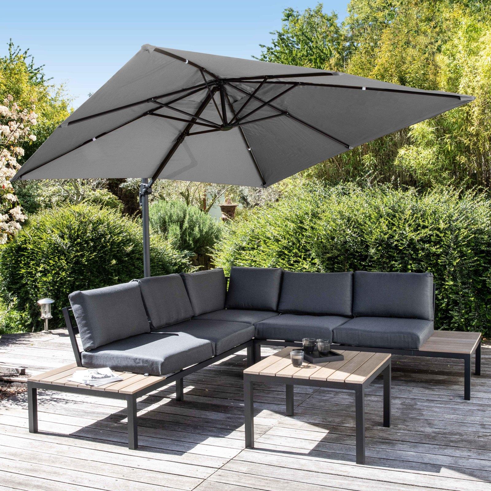 Ensemble parasol déporté carré 250g/m² (3 x 3m) rotatif 360° + 4 dalles à lester remplissables