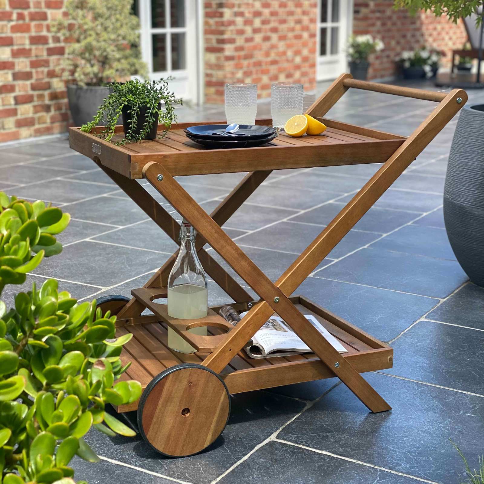 Desserte à roulette en bois d'eucalyptus