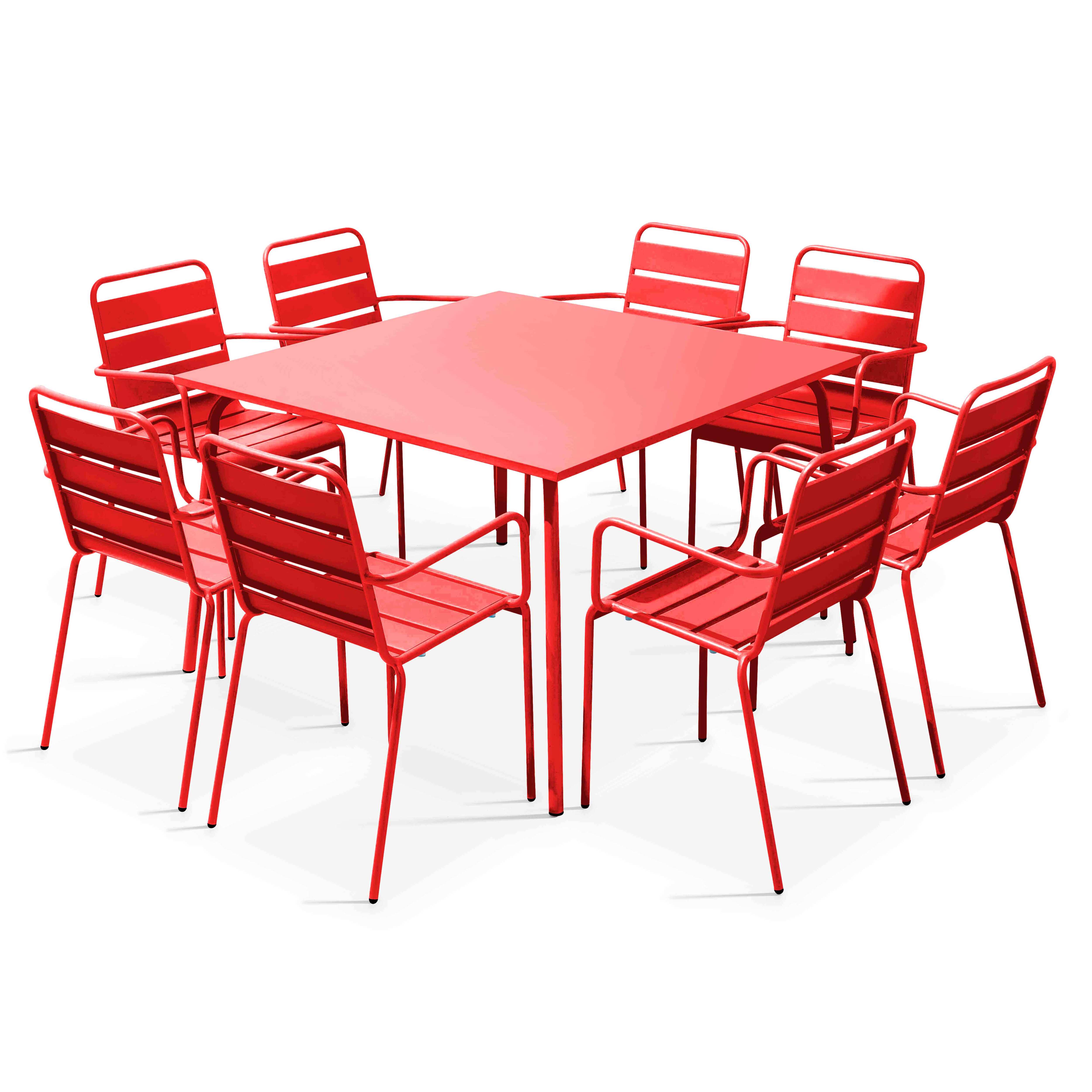 Table de terrasse carrée en métal 120x120 cm et 8 chaises avec accoudoirs