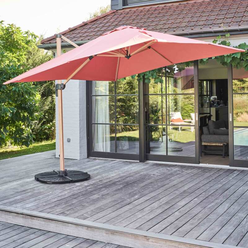 Ensemble parasol déporté inclinable carré (3 x 3m) 250g/m² + 4 dalles lestées