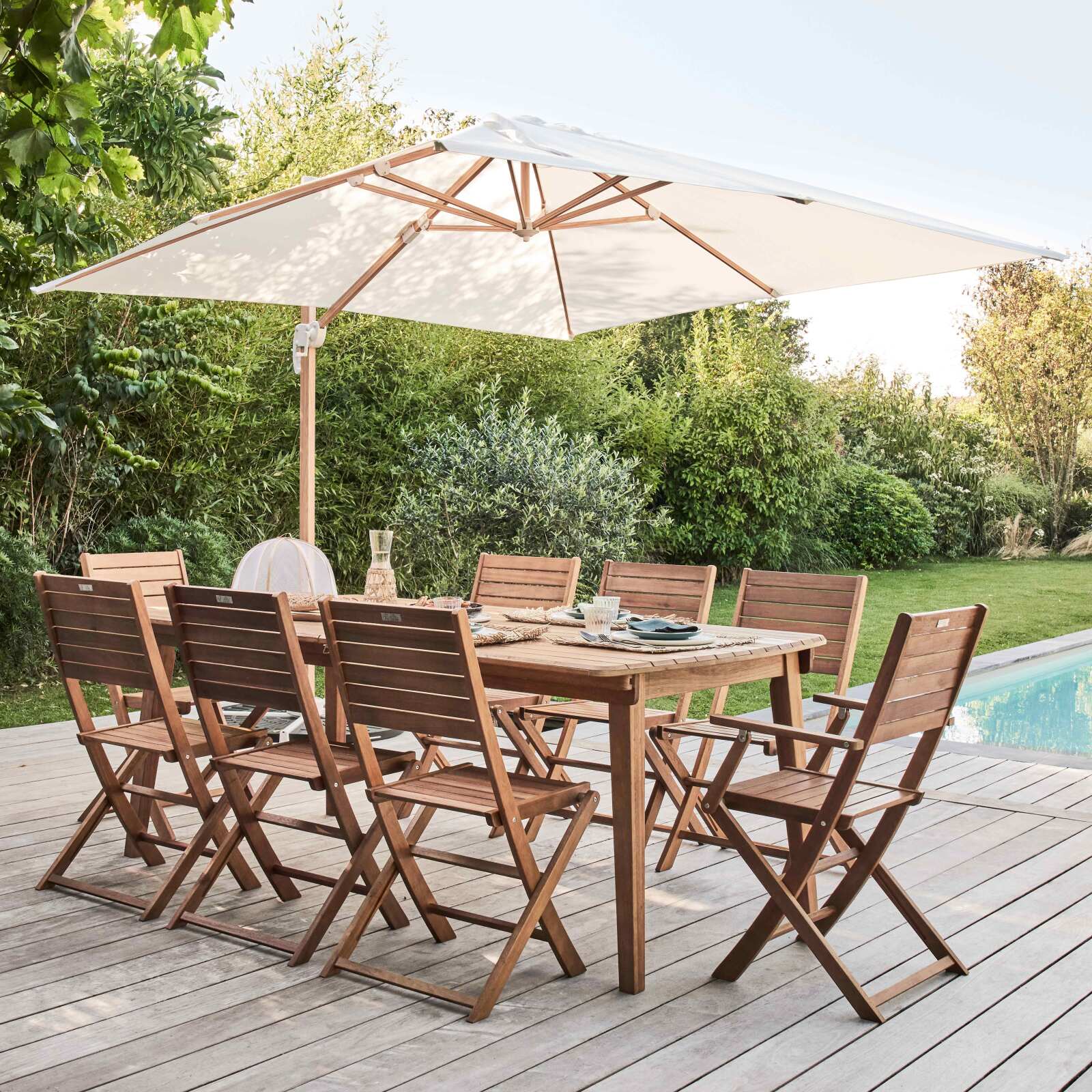 Ensemble parasol déporté inclinable carré (3 x 3m) 250g/m² + 4 dalles lestées