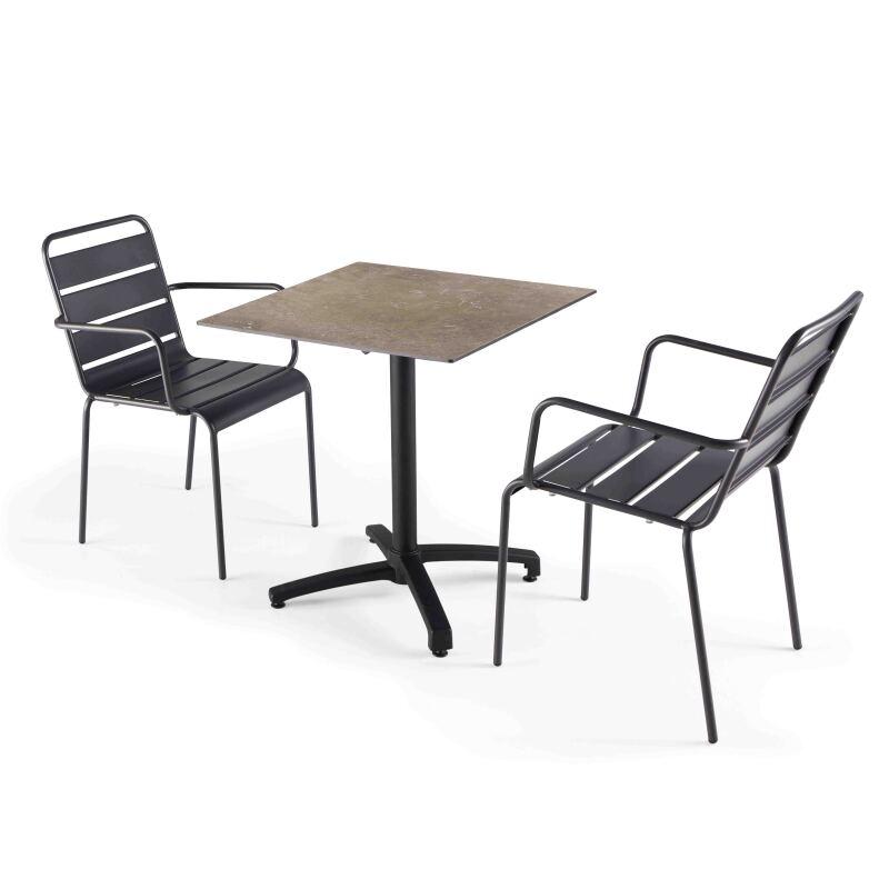 Ensemble de terrasse carré inclinable (70x70cm) en HPL et 2 chaises en métal avec accoudoirs