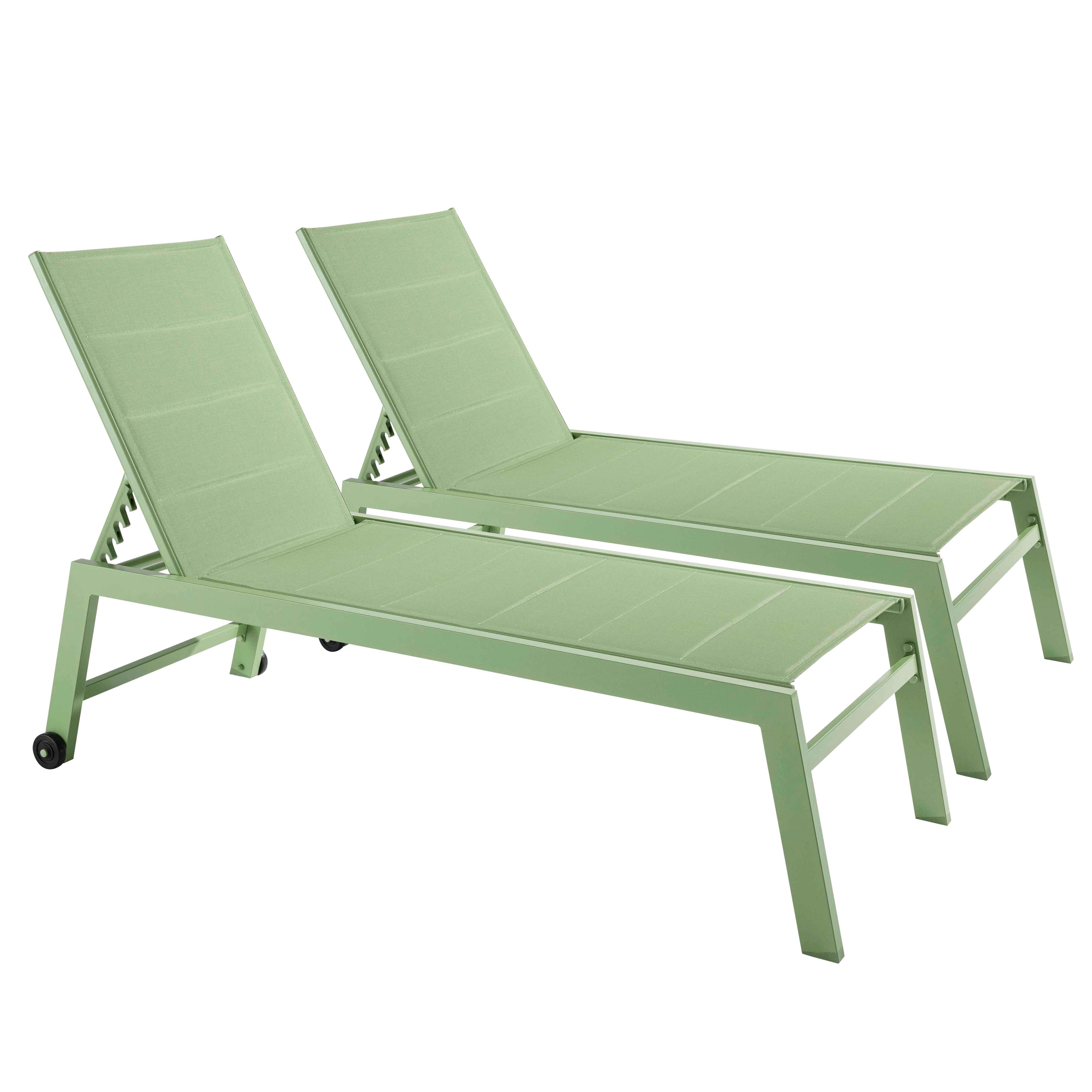 Transats professionnels aluminium et textilène inclinables 5 positions avec roues- Lot de 2