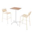 Ensemble table haute carrée inclinable chêne foncé 60 x 60 cm en HPL pied blanc et 2 chaises hautes en métal
