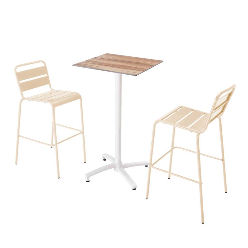 Ensemble table haute carrée inclinable chêne foncé 60 x 60 cm en HPL pied blanc et 2 chaises hautes en métal