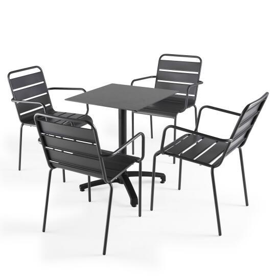 Ensemble de terrasse table carré inclinable plateau ardoise 60 x 60 cm en HPL et 4 chaises avec accoudoirs en métal