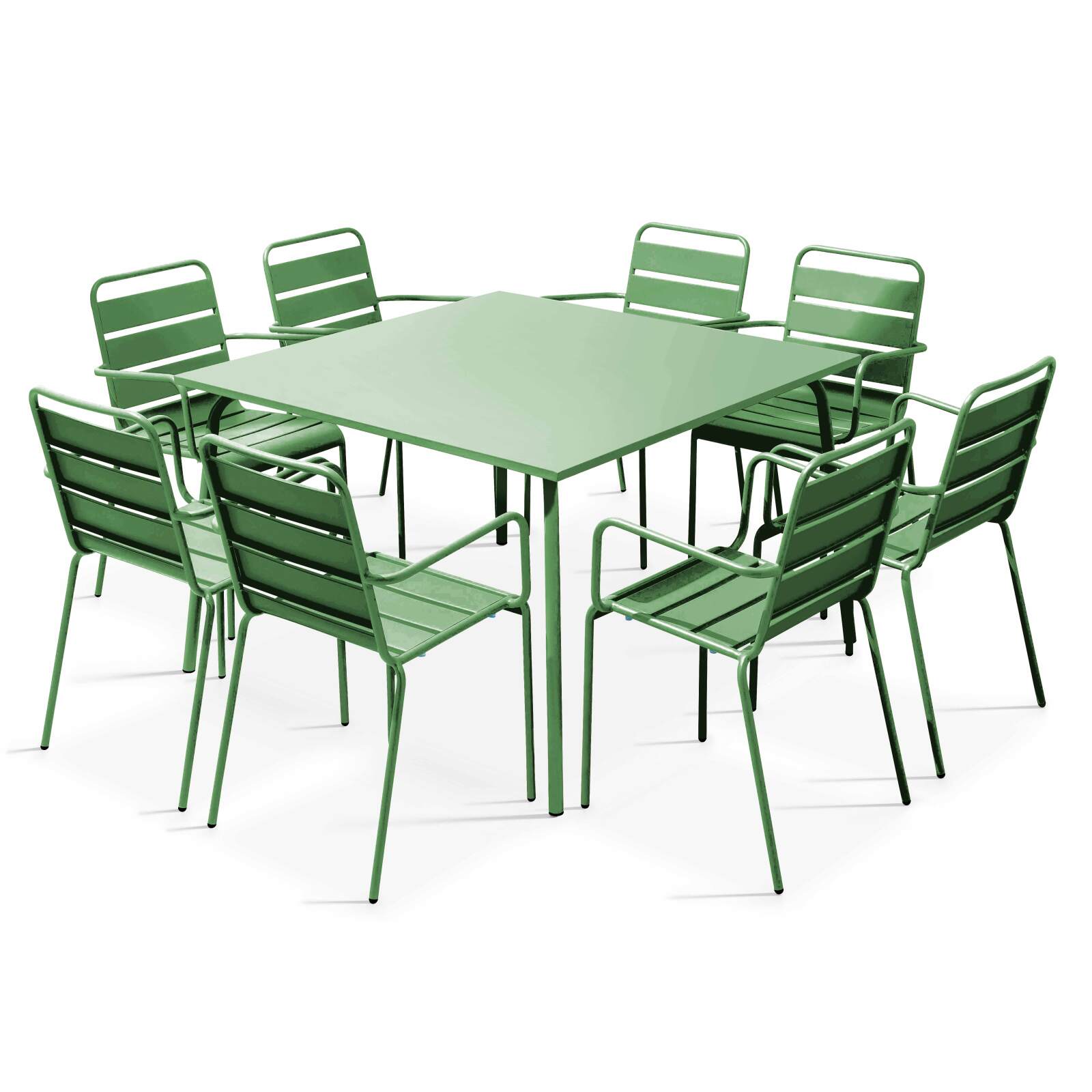 Ensemble table carrée 120 cm et 8 fauteuils en métal
