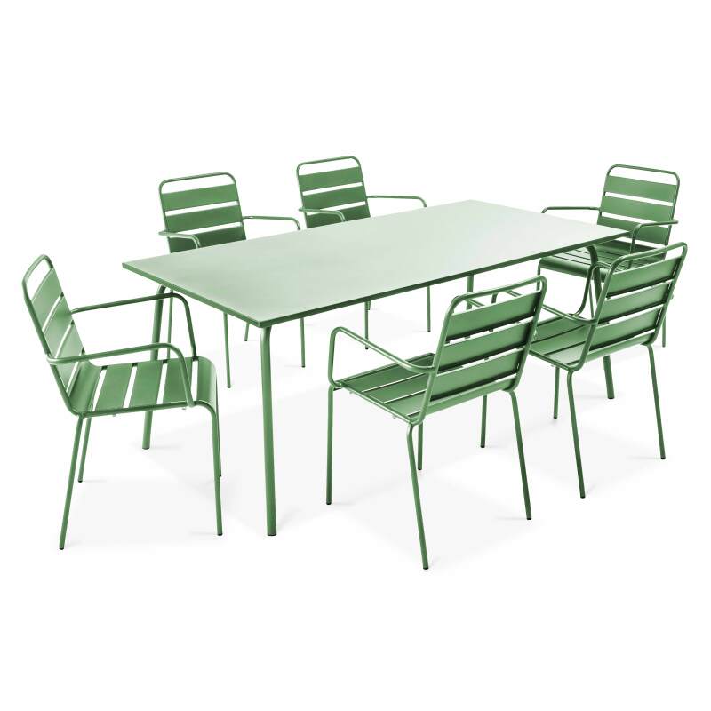 Ensemble table rectangulaire 180 cm + 6 fauteuils en métal