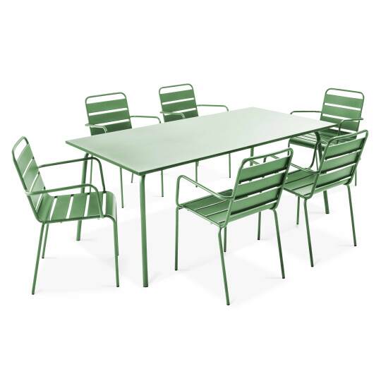Ensemble table rectangulaire 180 cm + 6 fauteuils en métal