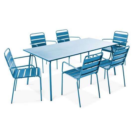 Table rectangulaire 180 x 90cm avec 6 fauteuils en métal empilables | Mobeventpro