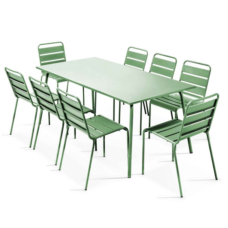 Ensemble table rectangulaire 180 cm + 8 chaises en métal