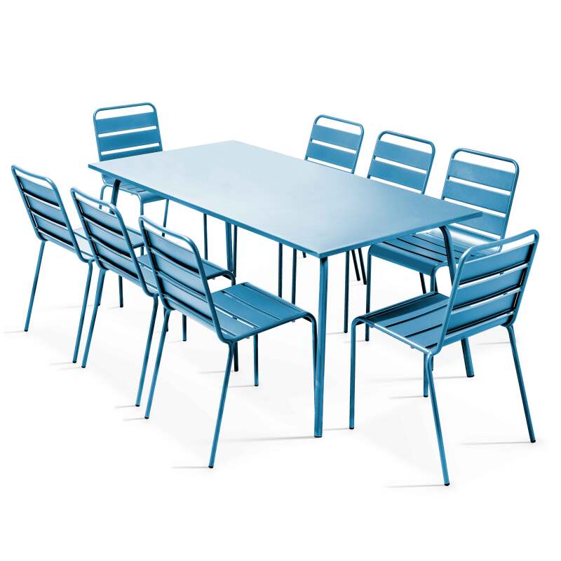 Ensemble table rectangulaire 180 cm + 8 chaises en métal