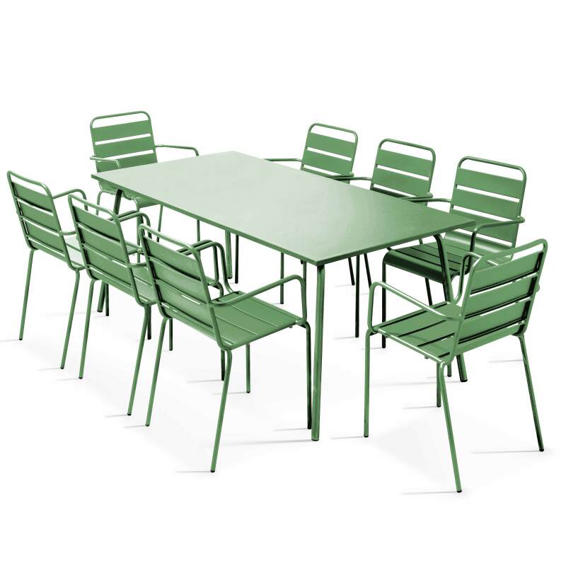 Ensemble table rectangulaire 180 cm et 8 fauteuils en métal
