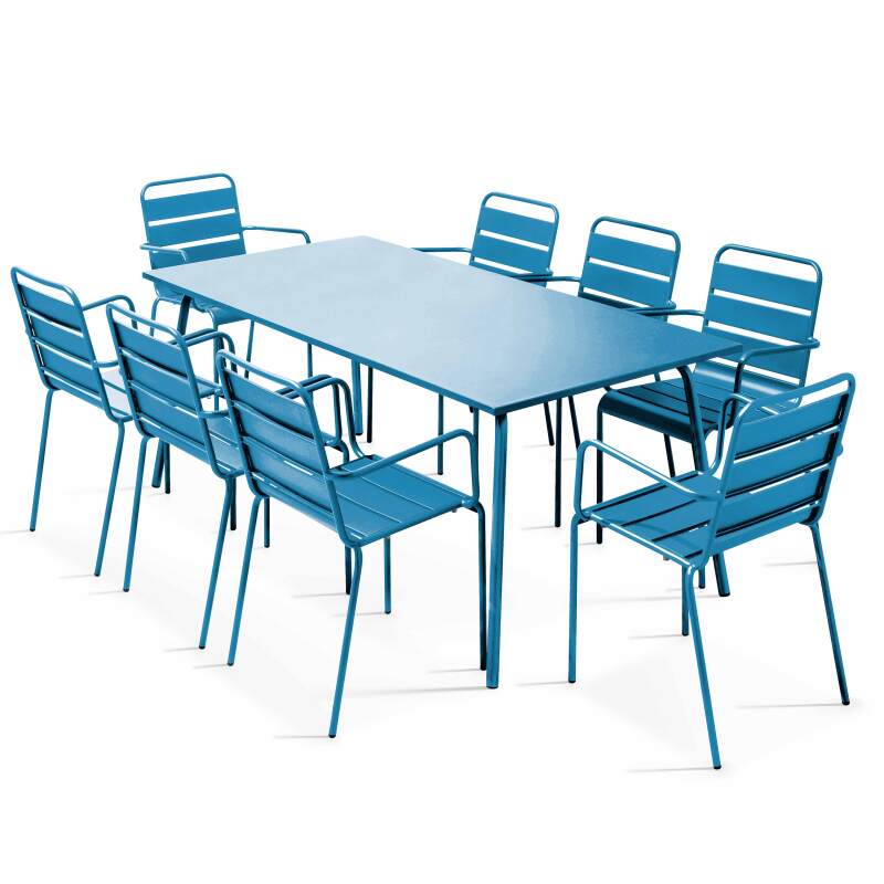 Ensemble table rectangulaire 180 cm et 8 fauteuils en métal