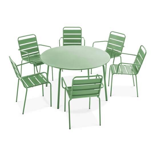 Table ronde Ø120cm en métal et 6 chaises avec accoudoirs | Mobeventpro