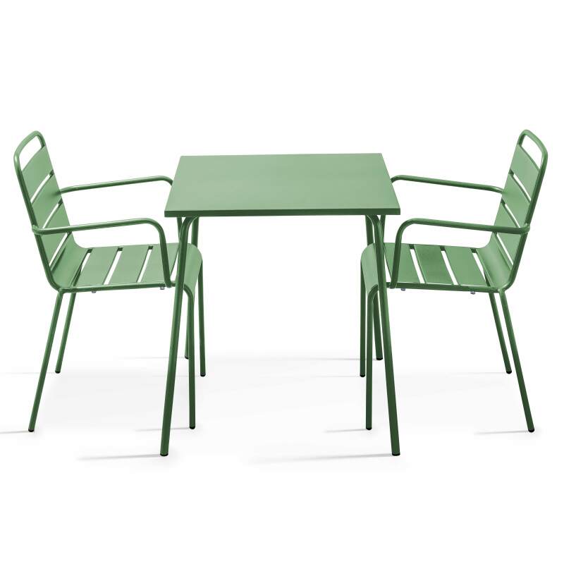 Ensemble table carrée (70x70 cm) et 2 fauteuils en métal