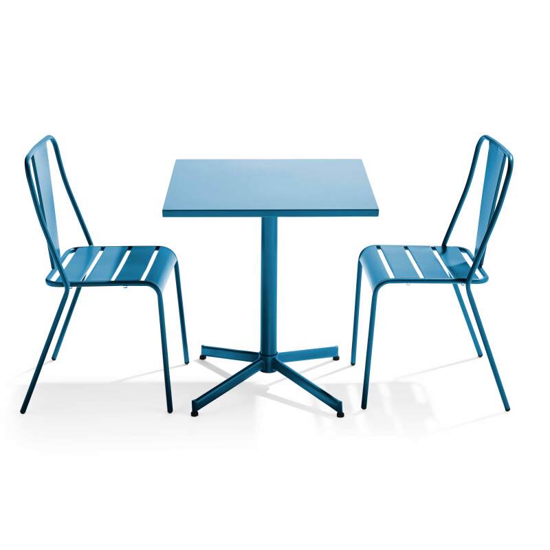 Ensemble table carrée inclinable 70 x 70 cm et 2 chaises en métal