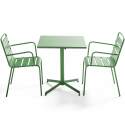 Ensemble table carrée avec plateau inclinable et 2 fauteuils en métal