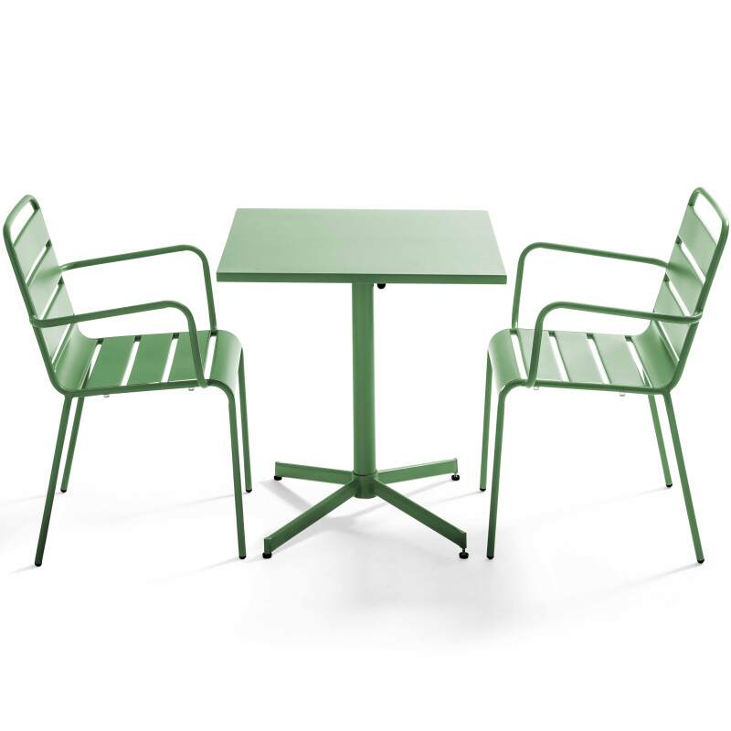 Ensemble table carrée avec plateau inclinable et 2 fauteuils en métal