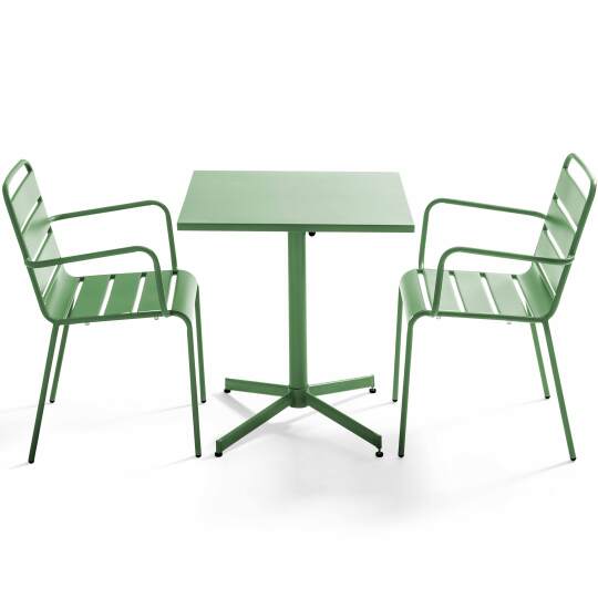 Ensemble table carrée avec plateau inclinable et 2 fauteuils en métal