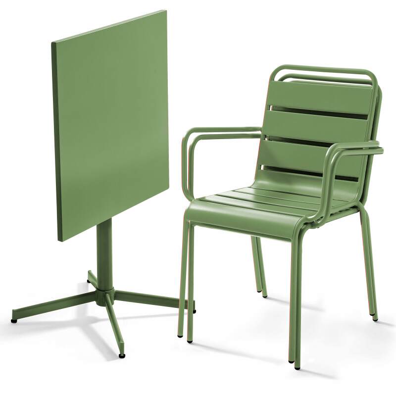 Ensemble table carrée avec plateau inclinable et 2 fauteuils en métal