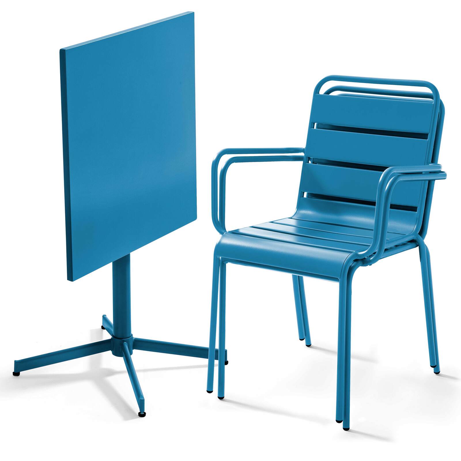 Ensemble table carrée avec plateau inclinable et 2 fauteuils en métal