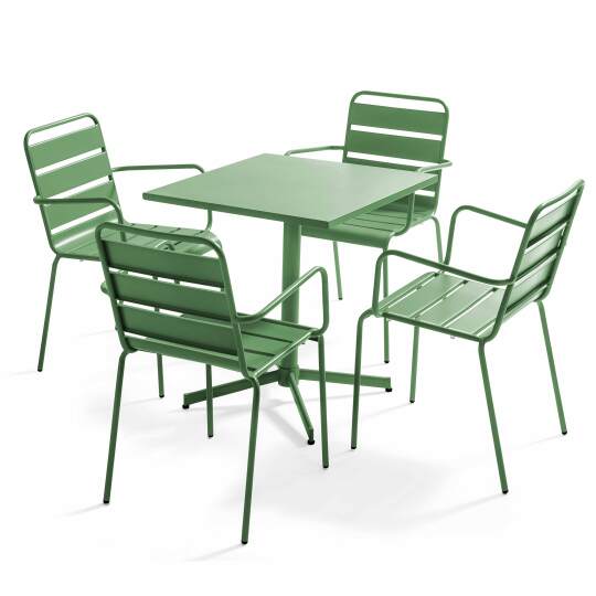Table de terrasse bistrot carrée inclinable en métal 70x70 cm et 4 chaises avec accoudoirs | Mobeventpro