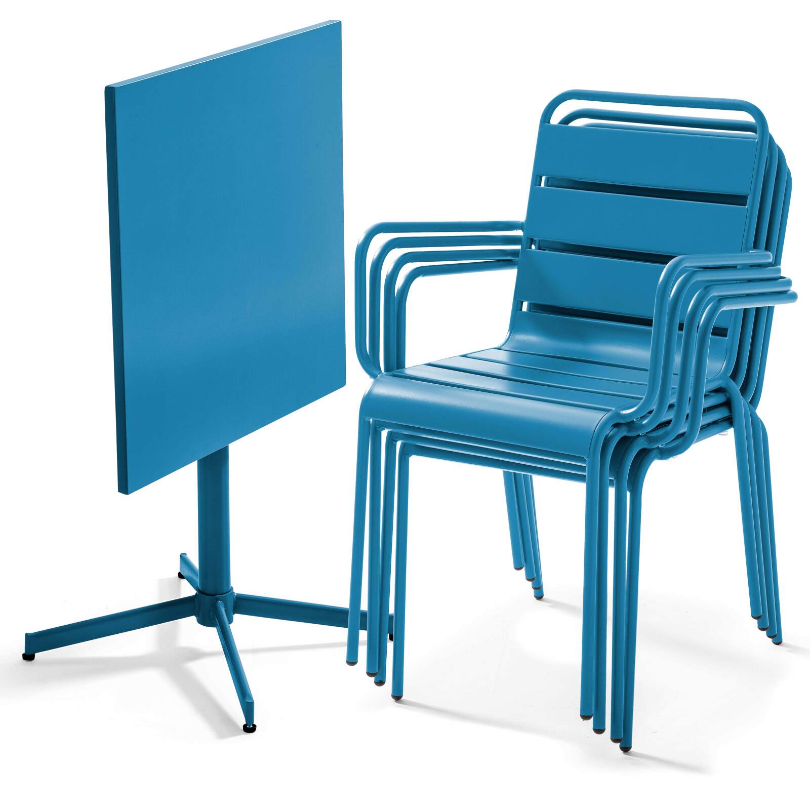 Ensemble table carrée avec plateau inclinable (70x70 cm) + 4 fauteuils en métal