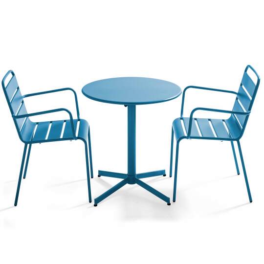 Ensemble table ronde avec plateau inclinable (⌀70cm) et 2 fauteuils en métal