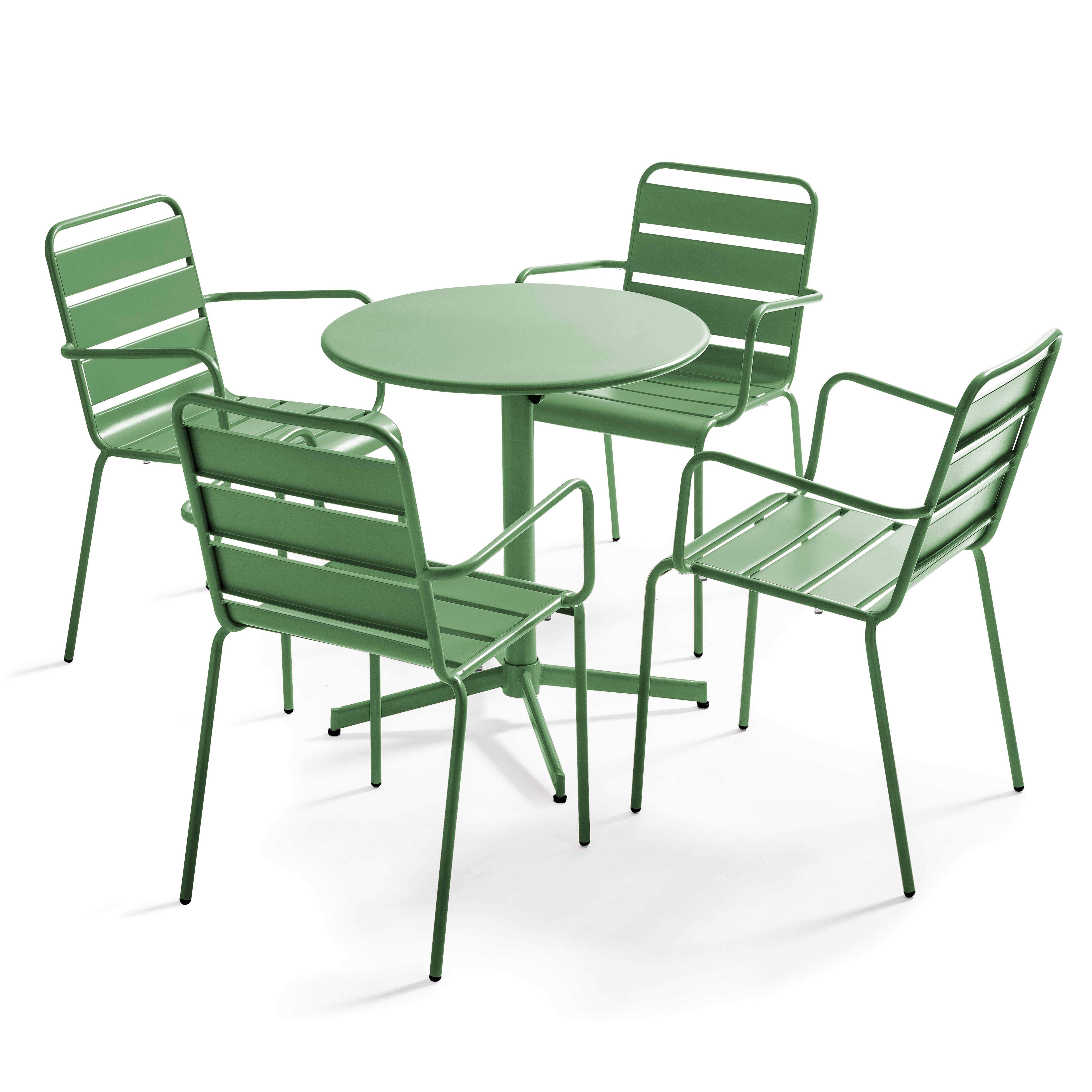 Table de terrasse bistrot ronde inclinable en métal Ø70 cm et 4 chaises avec accoudoirs