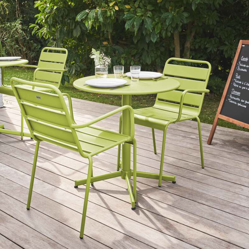 Ensemble table ronde avec plateau inclinable (⌀70cm) et 2 fauteuils en métal