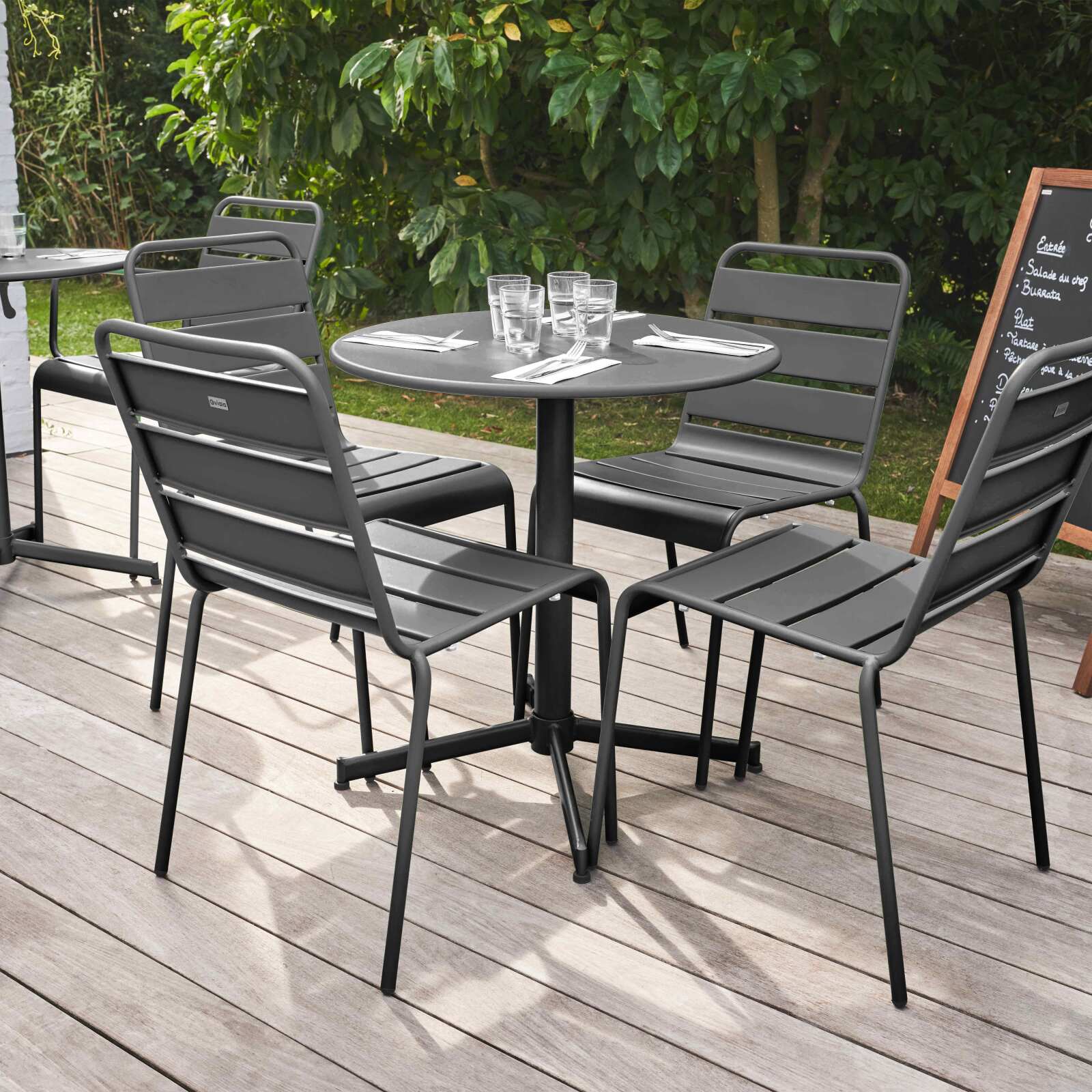 Ensemble de terrasse inclinable (Ø70 x 72 cm) + 4 chaises en métal